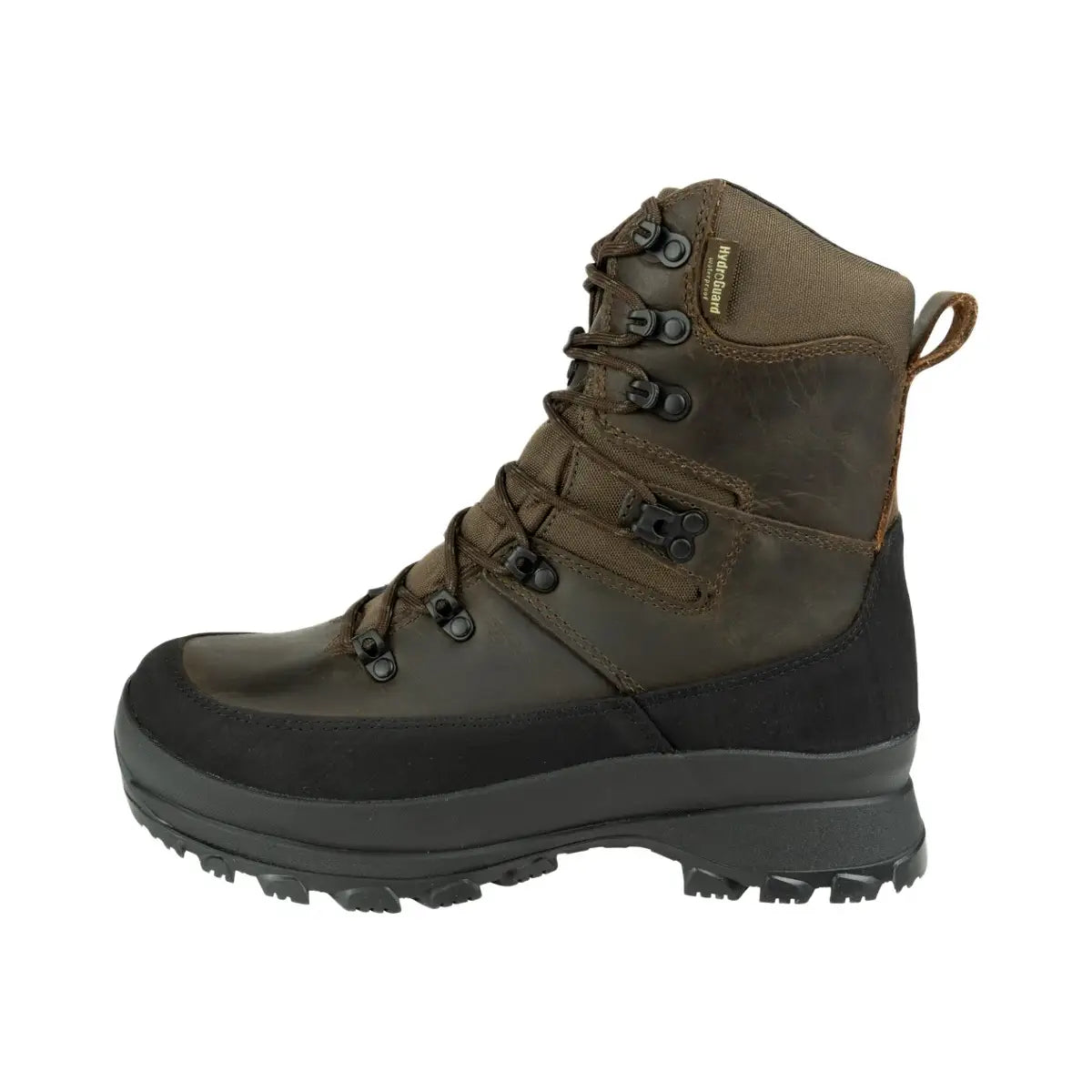 Side view of Jack Pyke Waterproof Field Boots in brown leather, designed for rugged outdoor use. Ideal for hunters and shooters in wet conditions.