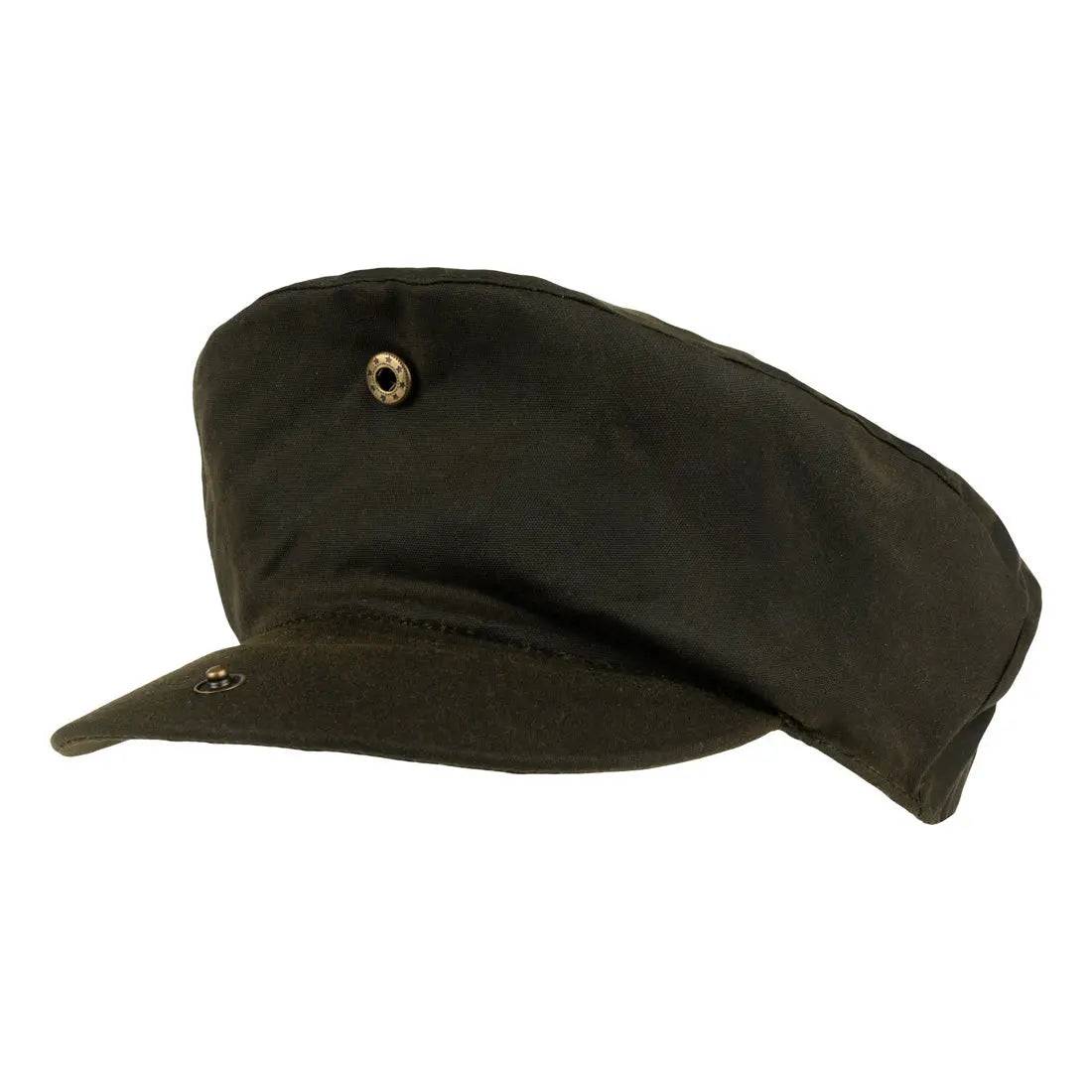 Jack Pyke Wax Flat Cap Green with an alternative military-style fold, featuring a button detail for versatile wear.