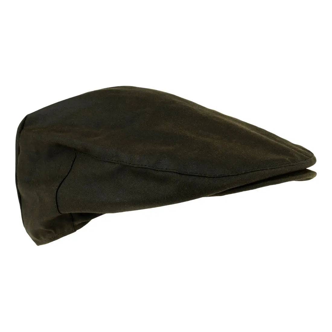 Jack Pyke Wax Flat Cap Green, displayed from another angle, highlighting its structured design and premium waxed cotton fabric.