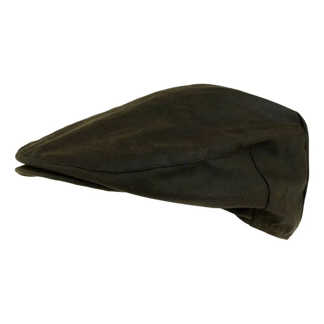Side view of the Jack Pyke Wax Flat Cap Green, showcasing its traditional flat cap silhouette and sturdy waxed cotton material.