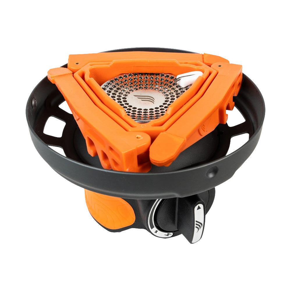 Jetboil Flash 1.0L stove system with foldable burner support, designed for compact storage and easy transport.