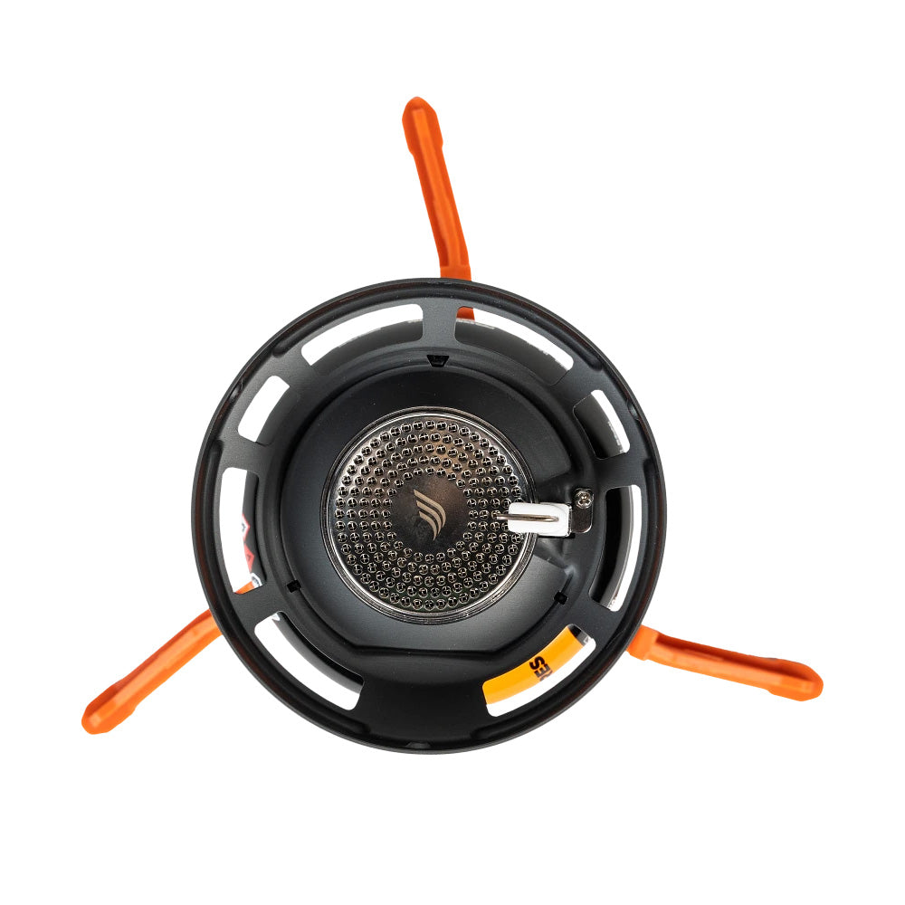 Bottom view of Jetboil Flash 1.0L Fast Boil Stove System, showcasing the burner and sturdy orange tripod base.
