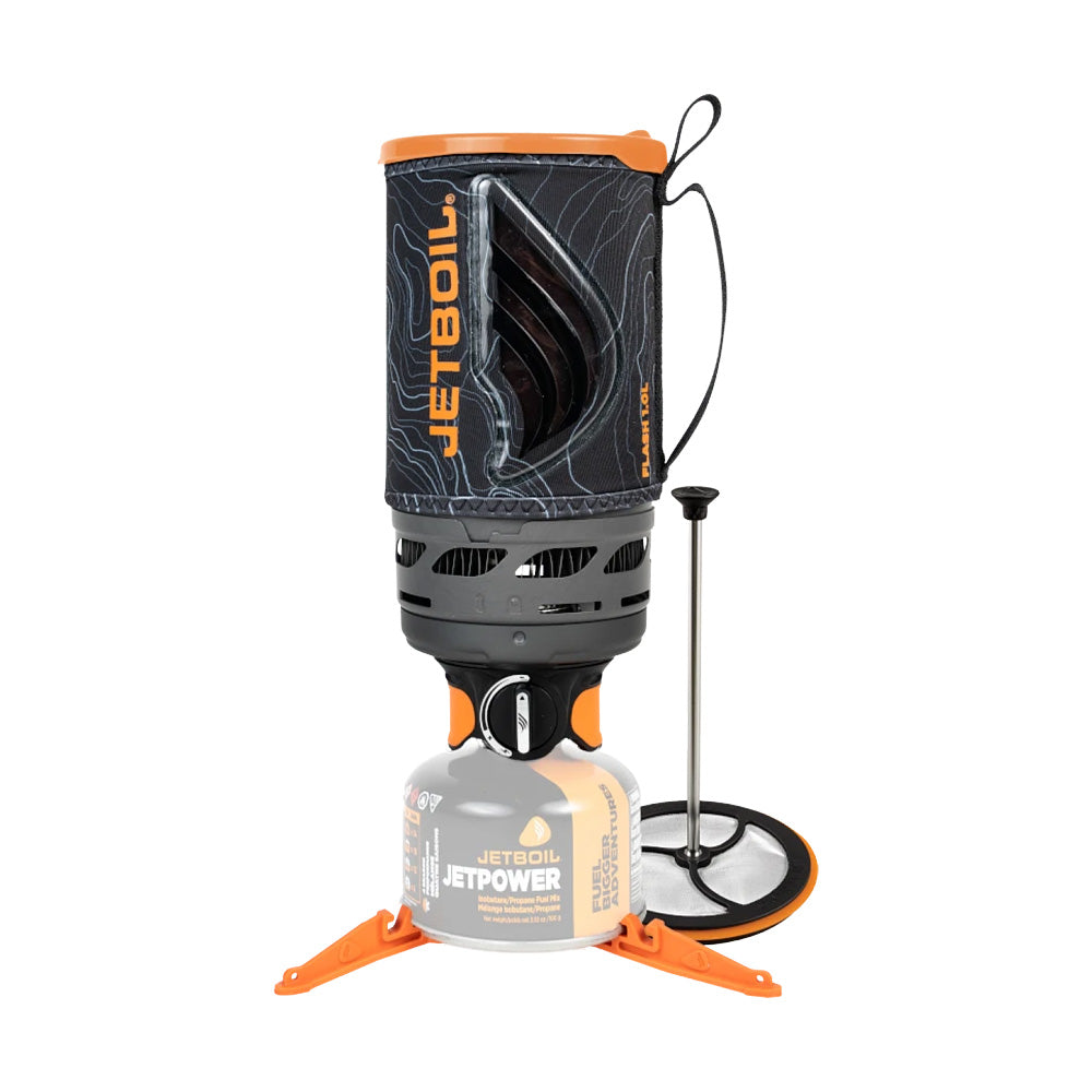 Jetboil Flash 1.0L Fast Boil Stove System JavaKit Topo edition, including a coffee press for convenient brewing on the go.