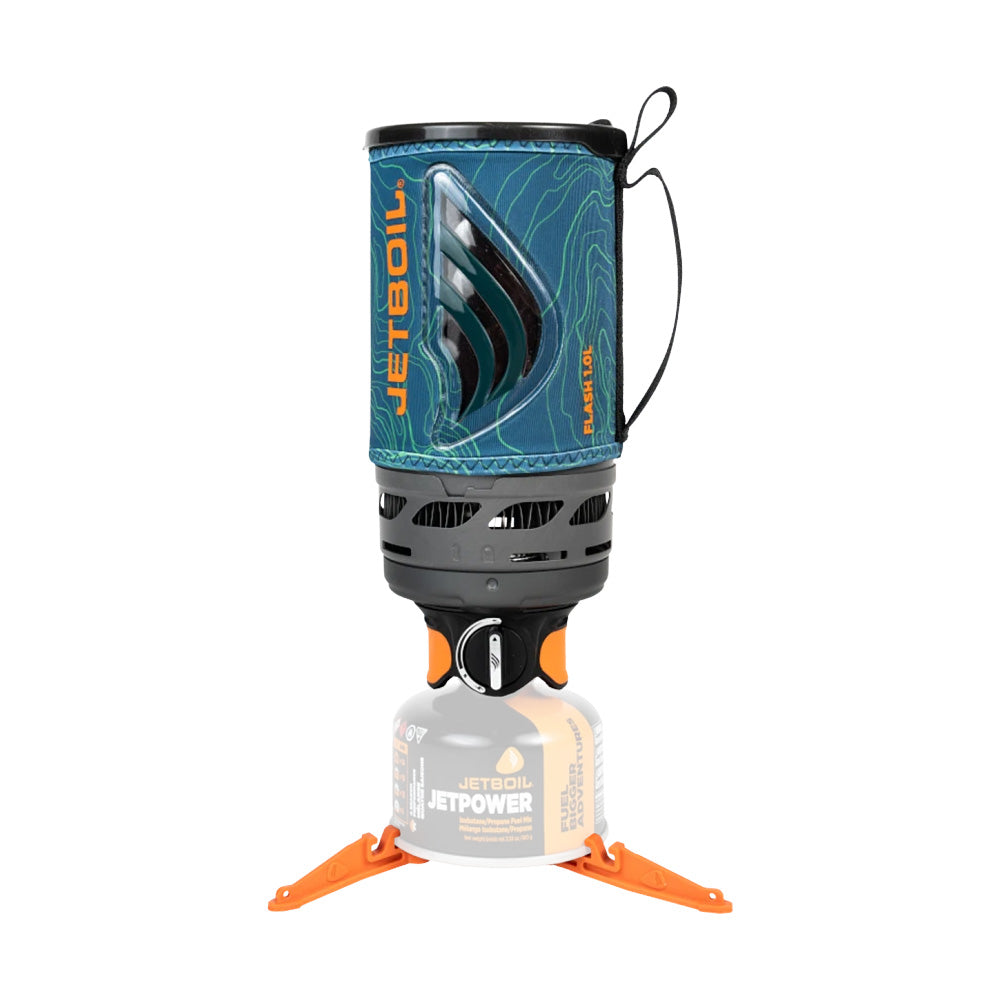 Jetboil Flash 1.0L Fast Boil Stove System in Ocean Topo color, designed for fast boiling with an integrated heat exchanger and sturdy base.