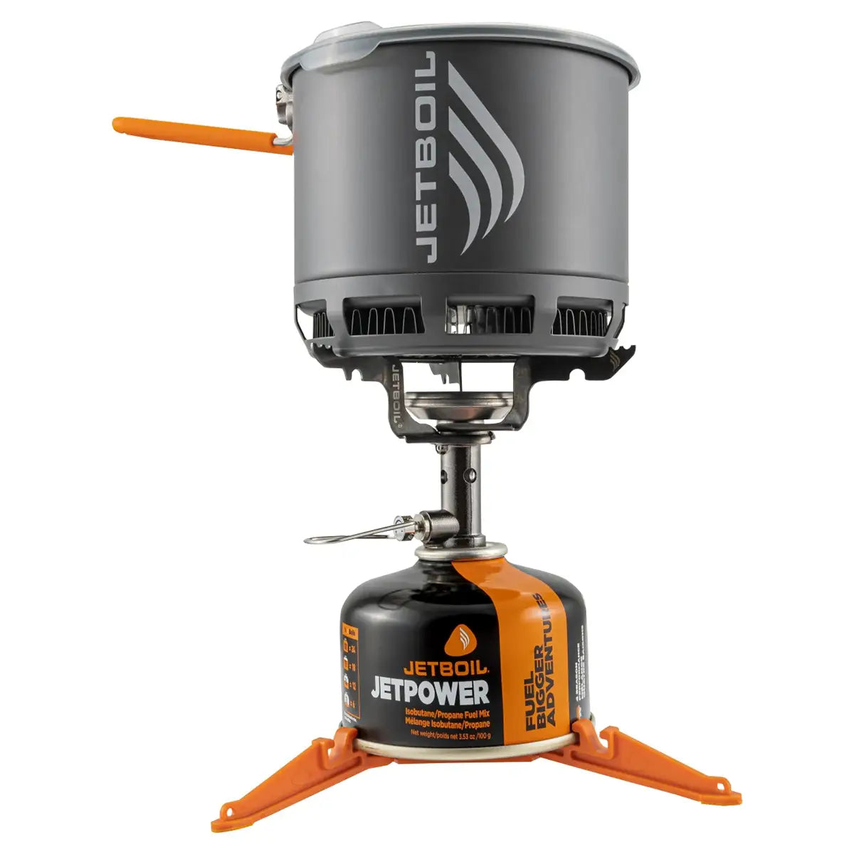 Jetboil Stash Carbon Camping Stove fully assembled with pot, burner, and fuel canister, ideal for ultralight outdoor cooking adventures.