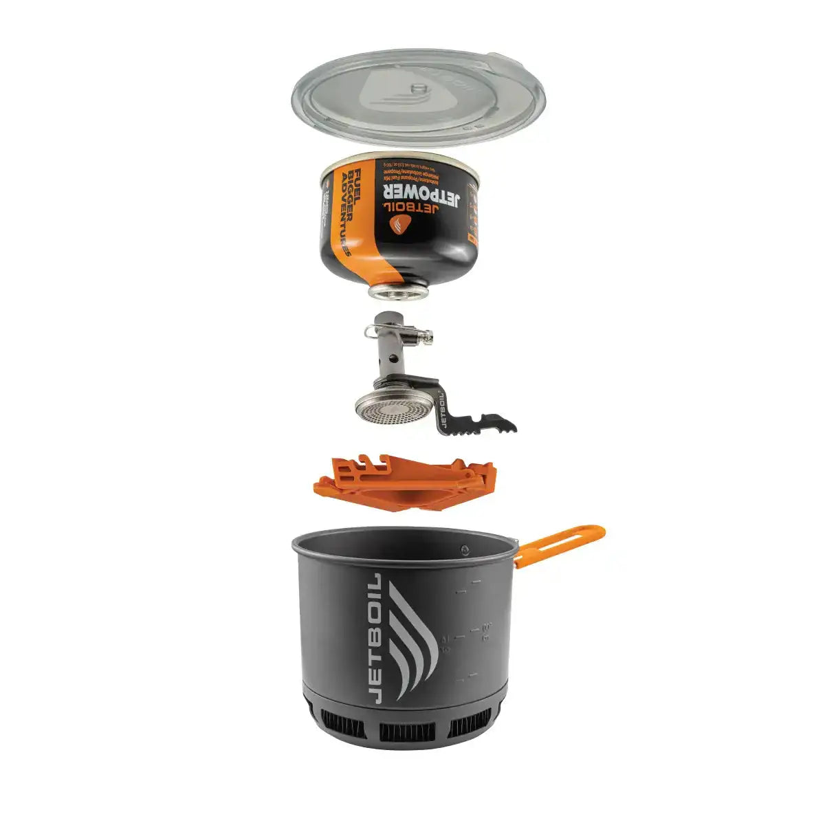 Exploded view of Jetboil Stash Carbon Camping Stove components including pot, burner, stabilizer, and fuel canister for compact packing. from John Bull Clothing