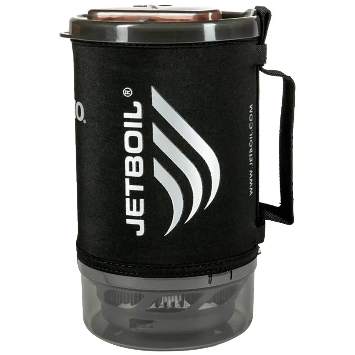 Jetboil Sumo Carbon 1.8L Cooking System packed for transport with lid and bottom cover. Lightweight and portable for camping adventures.
