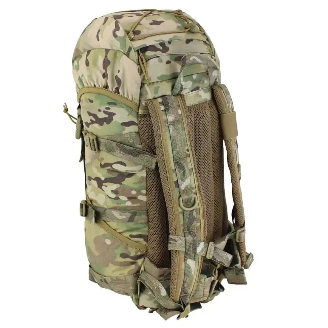 Rear view of Karrimor SF Sabre 30 Rucksack in camouflage, showcasing padded shoulder straps, breathable mesh back panel, and adjustable waist support. from John Bull Clothing