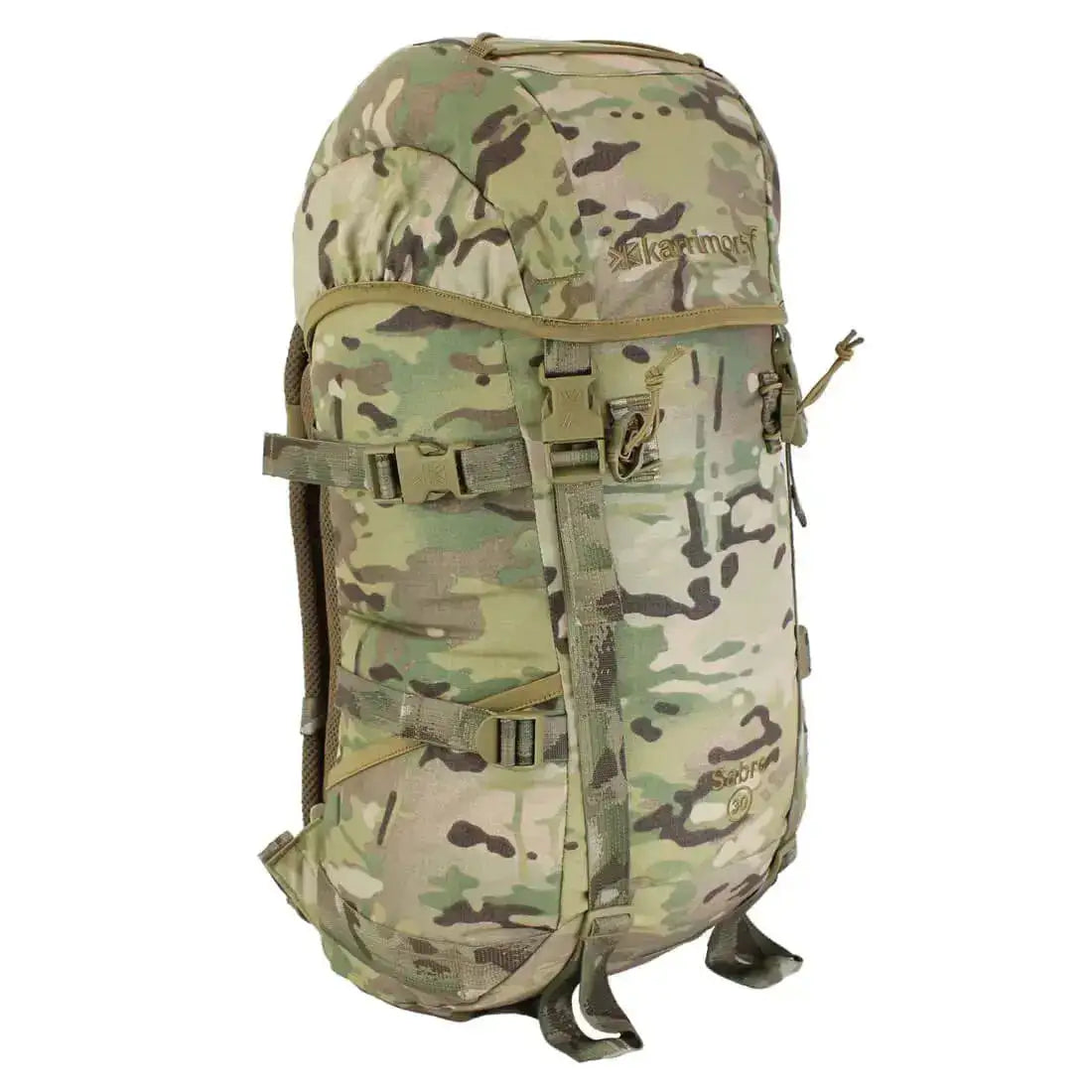 Karrimor SF Sabre 30 Rucksack in camouflage, a rugged and spacious tactical backpack with a 30L capacity, ideal for military, hiking, and survival gear. from John Bull Clothing