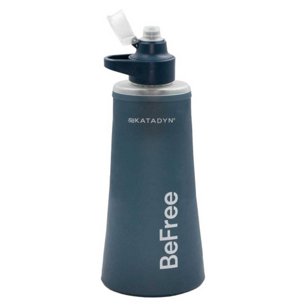 Katadyn BeFree AC Water Filter Bottle 1.0L in Slate Blue with flip-top cap, ideal for outdoor hydration and water purification on the go.
