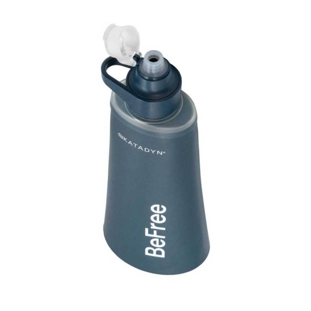Top view of Katadyn BeFree AC Water Filter Bottle 1.0L in Slate Blue, showing ergonomic spout and secure cap for outdoor use.