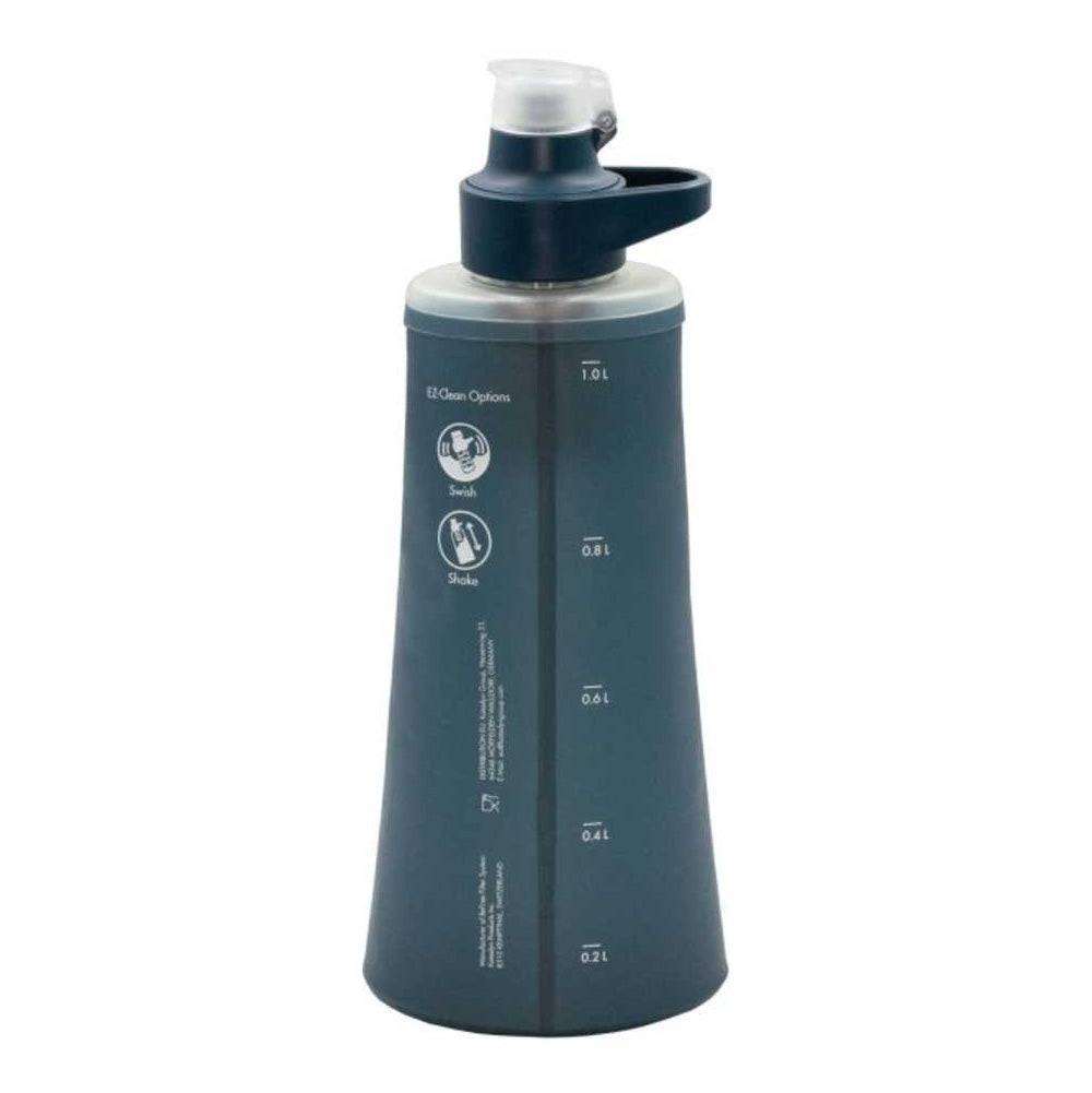 Back view of Katadyn BeFree AC Water Filter Bottle 1.0L in Slate Blue, showing volume markings and EZ-Clean instructions.