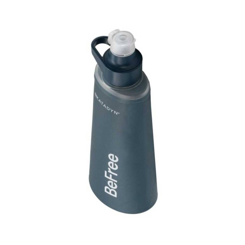 Angled view of Katadyn BeFree AC Water Filter Bottle 1.0L in Slate Blue, highlighting the wide mouth and filter-ready spout.