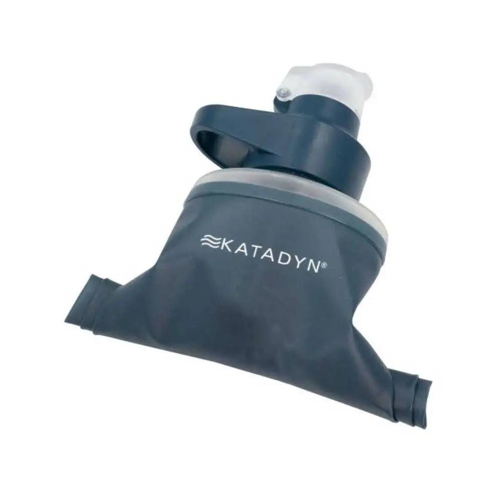 Collapsed Katadyn BeFree AC Water Filter Bottle 1.0L in Slate Blue, demonstrating flexible design for easy packing during hikes. from John Bull Clothing