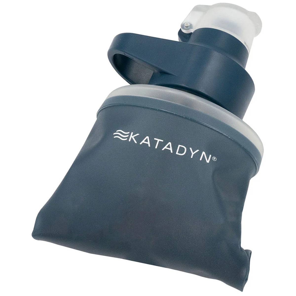 Katadyn BeFree AC Water Filter Bottle 500ml Slate Blue shown collapsed for compact storage, ideal for backpacking and travel.