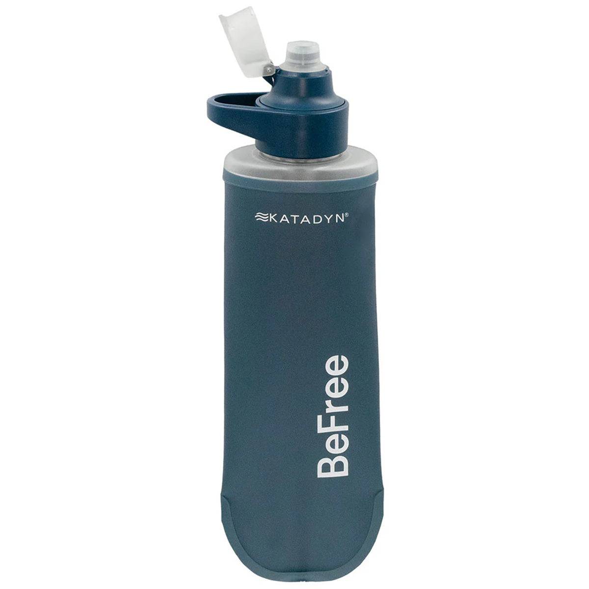 Katadyn BeFree AC Water Filter Bottle 500ml Slate Blue shown with open cap, perfect for hiking and camping hydration needs.