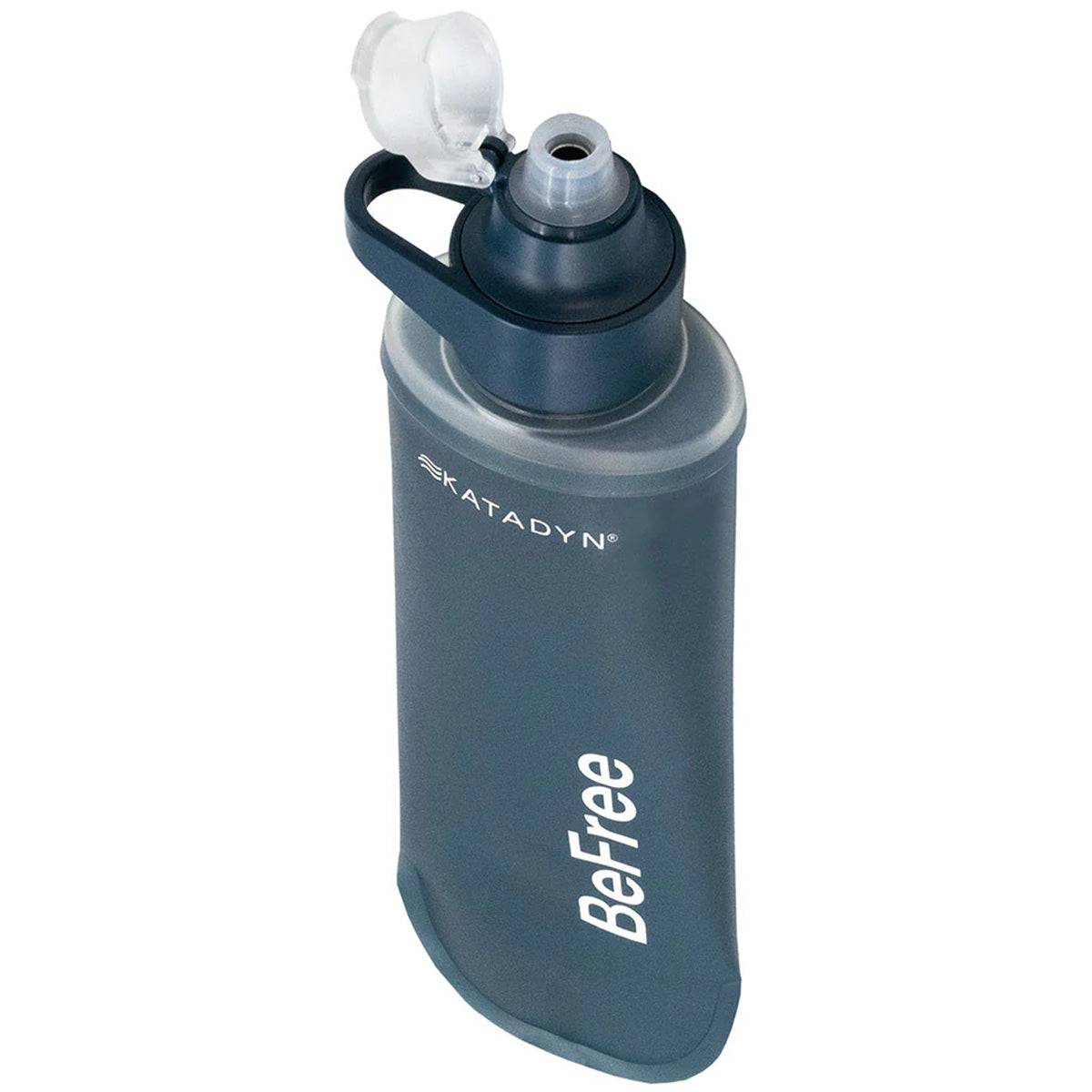 Top angle of Katadyn BeFree AC Water Filter Bottle 500ml Slate Blue with open nozzle, designed for easy drinking and filtration on the go.