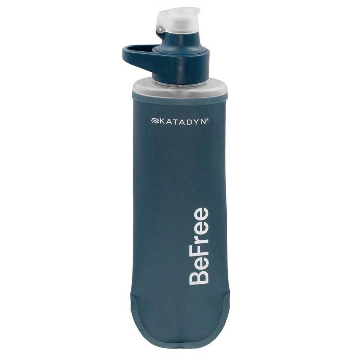Katadyn BeFree AC Water Filter Bottle 500ml Slate Blue with flip-top cap, ideal for outdoor hydration and compact water filtration.