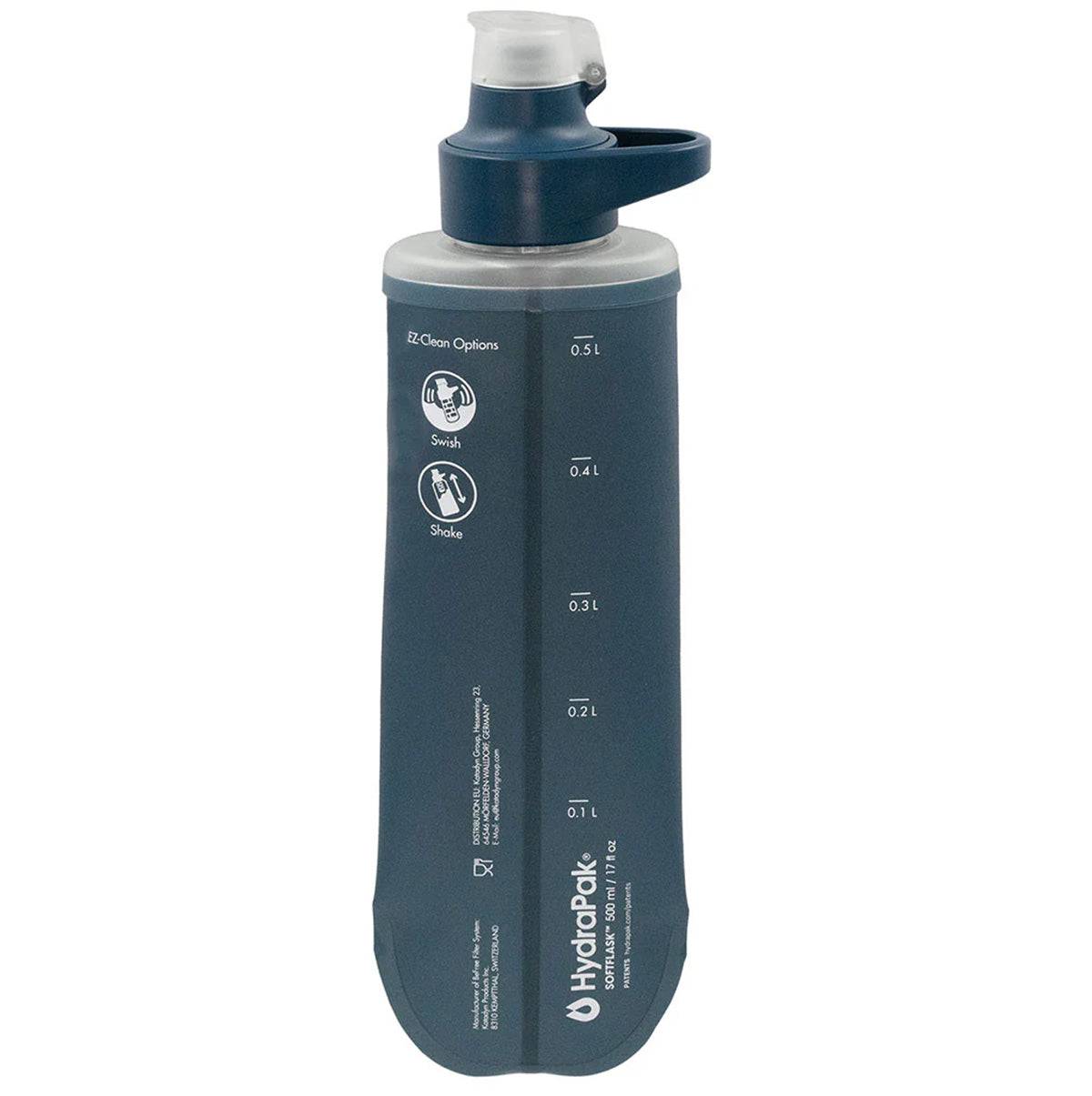 Back view of Katadyn BeFree AC Water Filter Bottle 500ml Slate Blue showing volume markings and cleaning instructions for outdoor use.