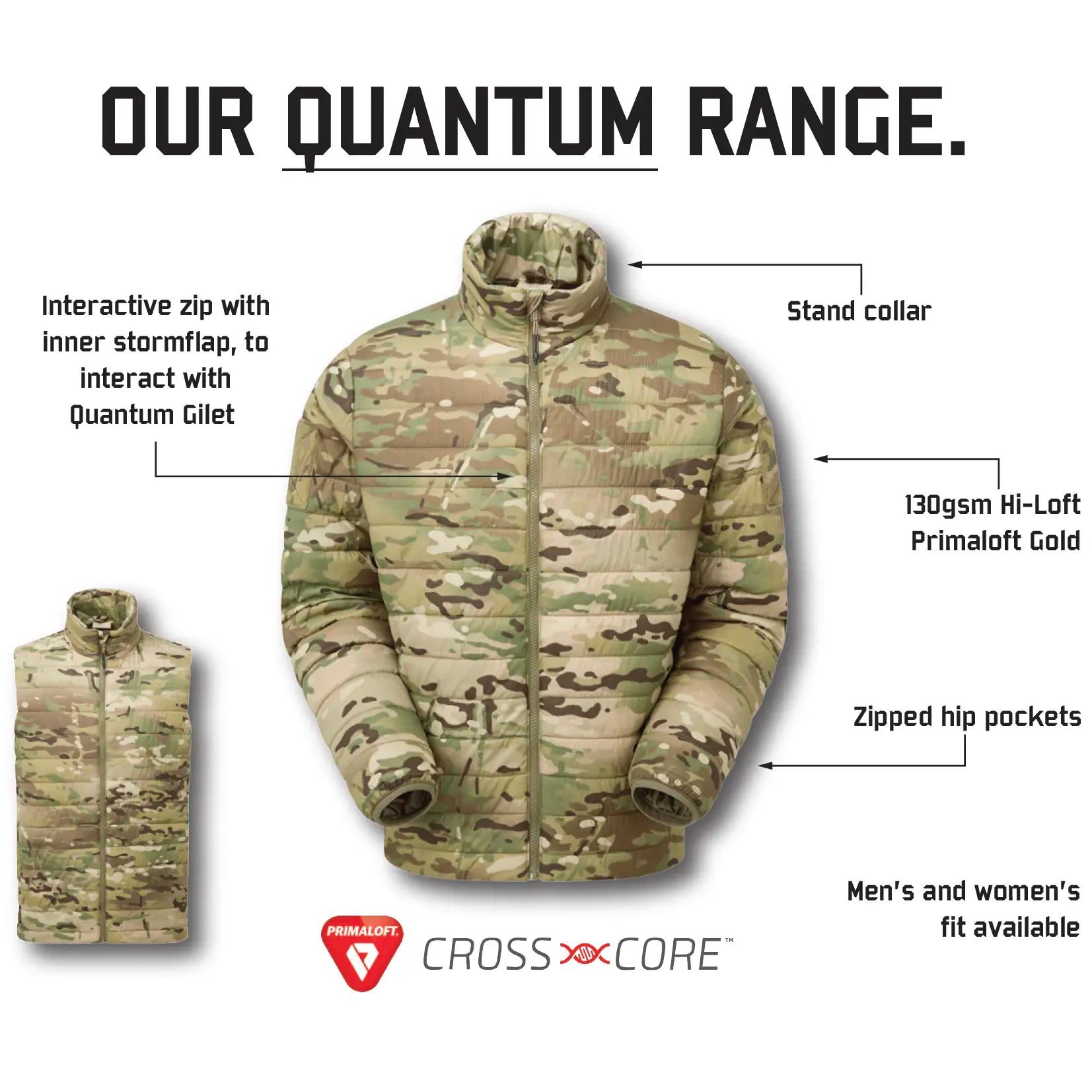 Keela Quantum Core Primaloft Jacket Multicam product features infographic showing stand collar, zipped pockets, and Primaloft insulation.