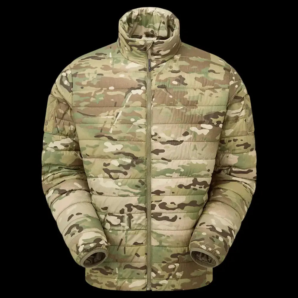 Keela Quantum Core Primaloft Jacket Multicam shown on black background, highlighting its insulated puffer construction and military-grade pattern.