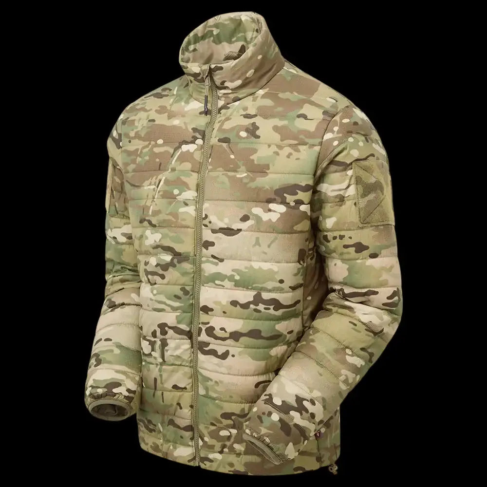 Side view of Keela Quantum Core Primaloft Jacket Multicam featuring zipped pockets and reinforced shoulder panels for tactical use.