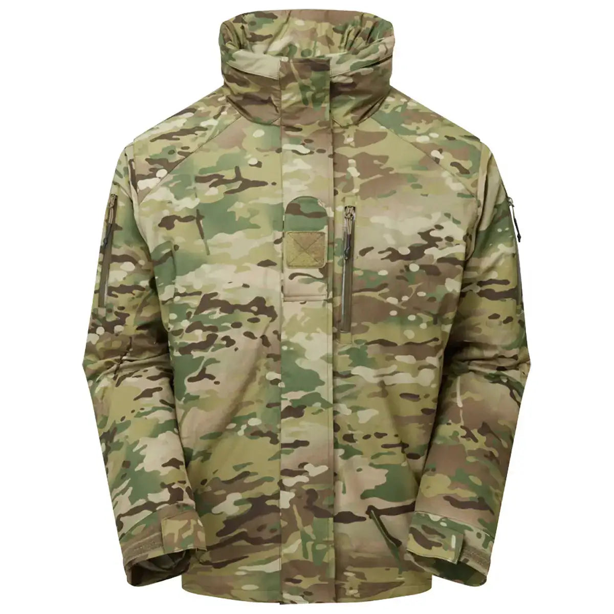 Camouflage Keela SF Mk6.0 Belay Jacket with high collar, waterproof outer shell, and chest pocket, in a desert camo pattern
