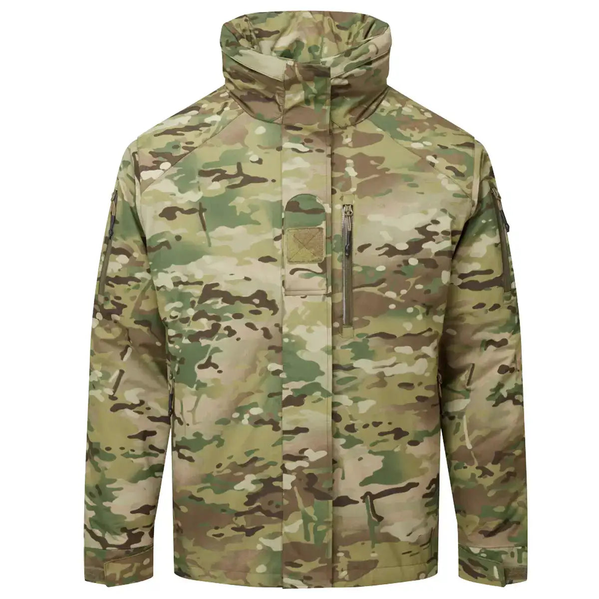 Multicam Keela SF Mk6.0 Belay Jacket with high collar, waterproof fabric, and chest pocket, in a green and brown camouflage pattern