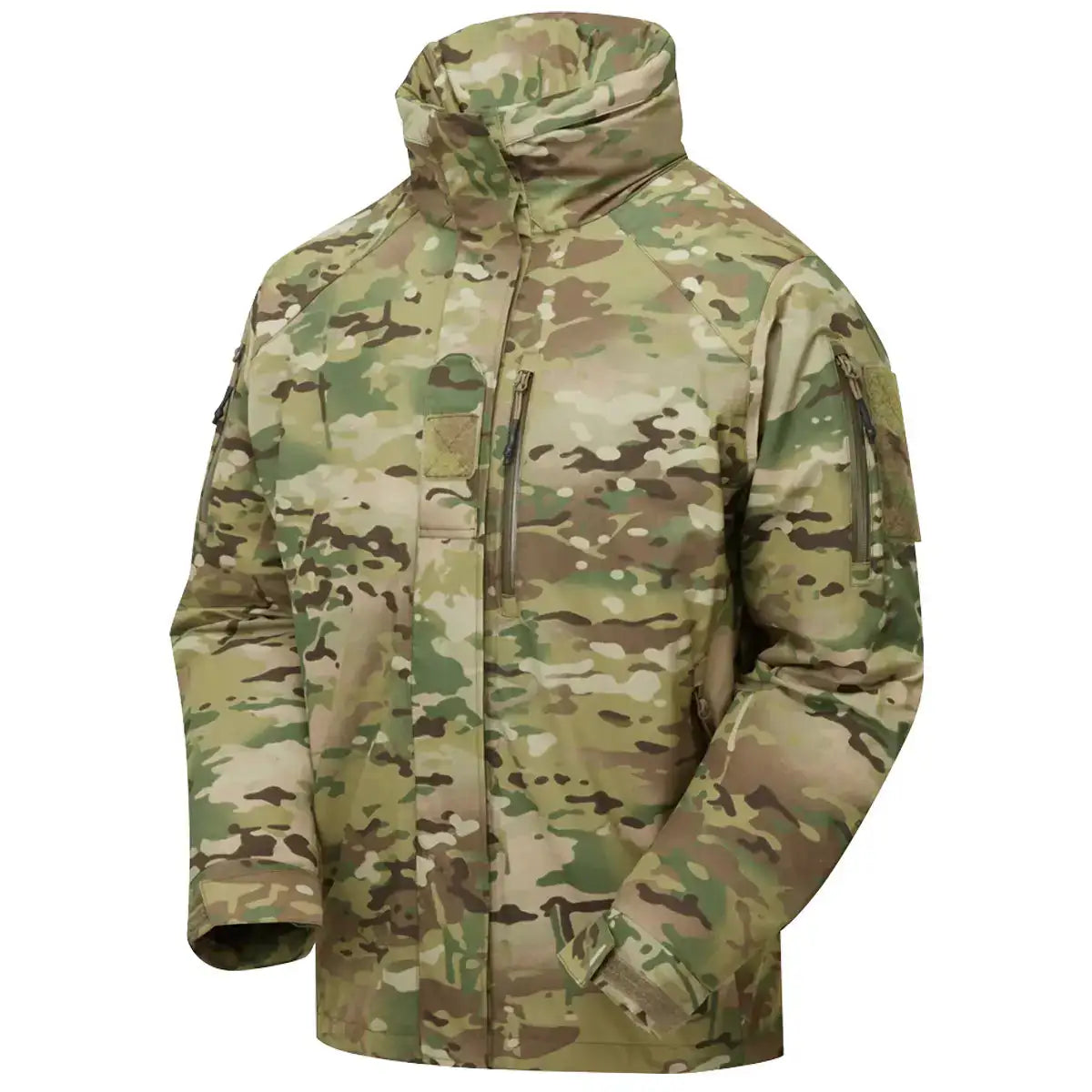 Light tan camouflage Keela SF Mk6.0 Belay Jacket with high collar, waterproof material, and chest pocket, in a woodland camo pattern