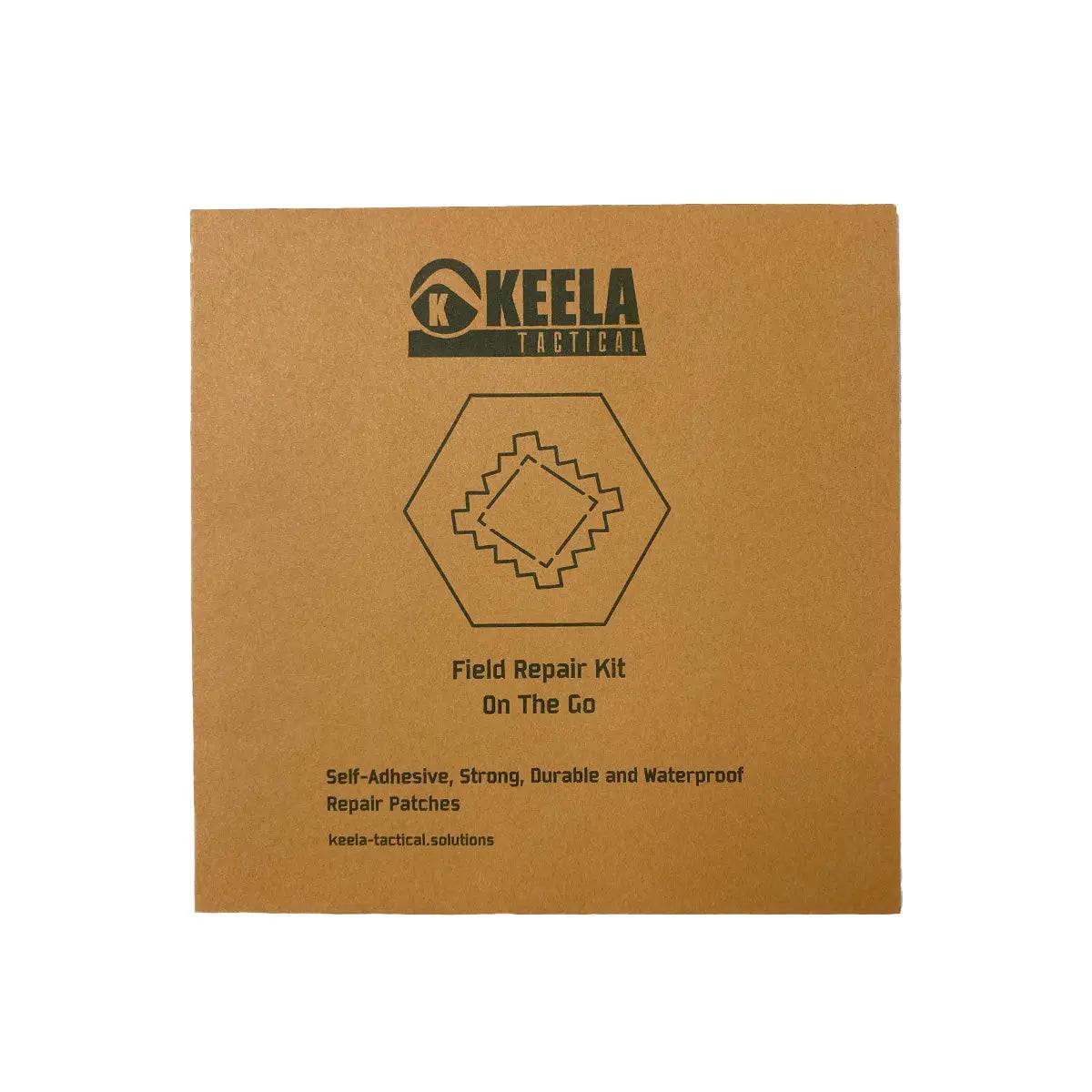 Keela Tactical Field Repair Kit packaging featuring a compact design for on-the-go emergency repairs. Includes durable, waterproof repair patches.