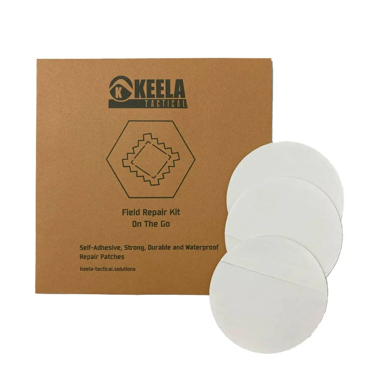 Keela Tactical Field Repair Kit with three clear self-adhesive patches for emergency outdoor gear repairs. Strong, durable, and waterproof.