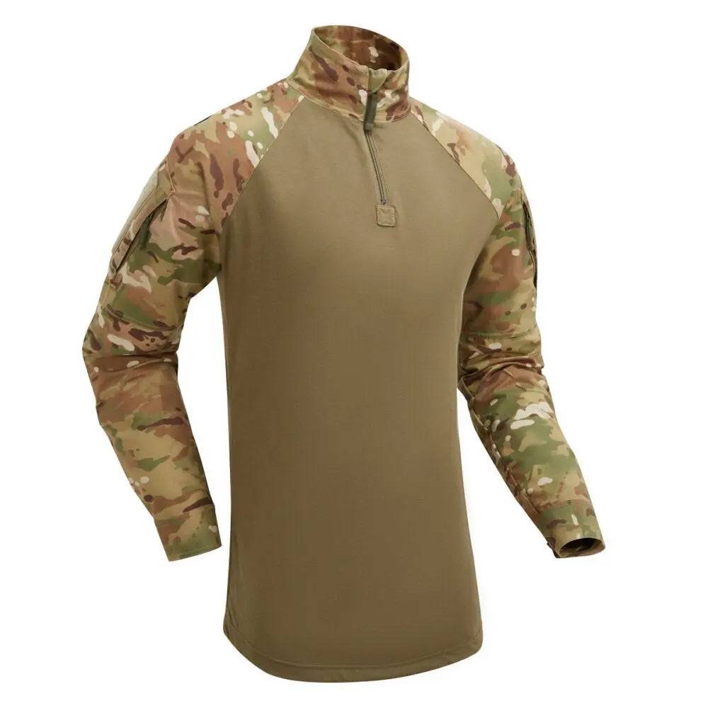 Front view of Keela Tactical UBAC Combat Shirt Multicam featuring quarter zip and reinforced camo sleeves for tactical wear.