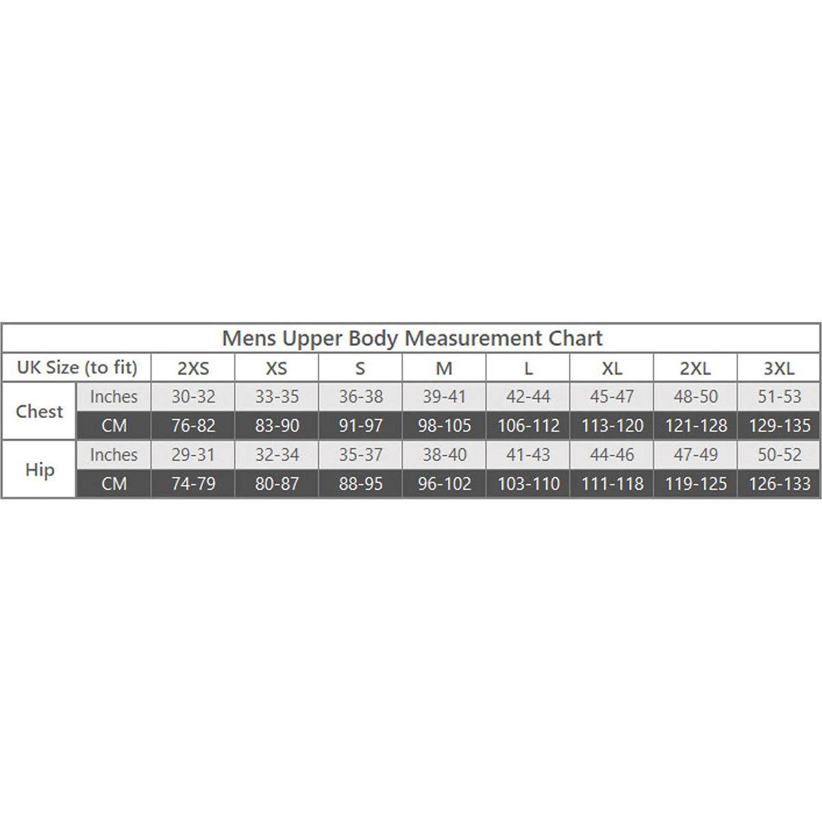 Men’s upper body size chart for Keela Tactical UBAC Combat Shirt Multicam, detailing chest and hip measurements in inches and centimeters.