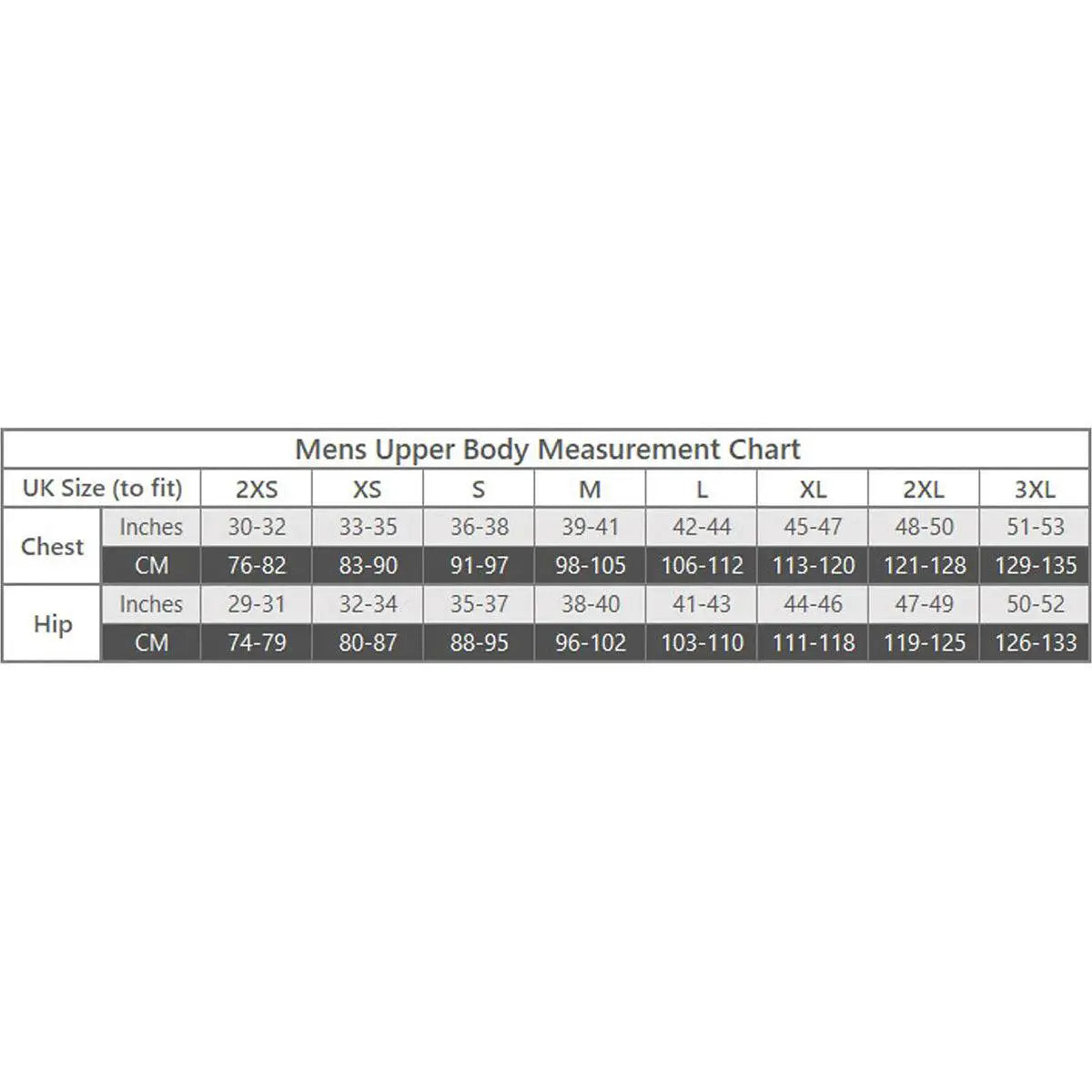 Men’s upper body size chart for Keela Tactical UBAC Combat Shirt Multicam, detailing chest and hip measurements in inches and centimeters. from John Bull Clothing