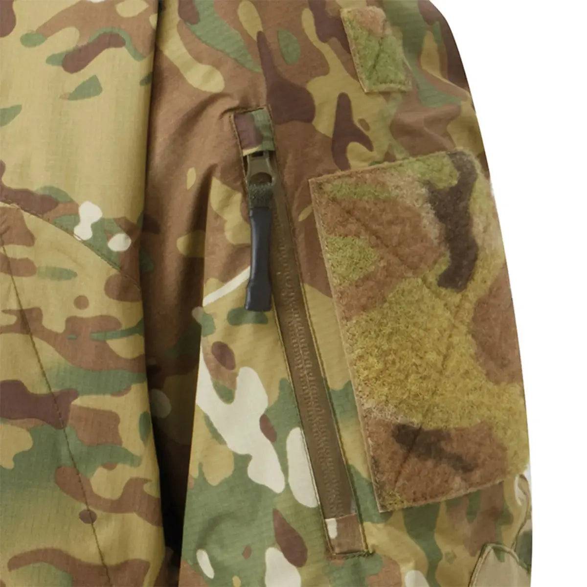 Detailed view of the Keela Thor Waterproof Multicam Jacket's upper arm pocket with IFF MultiCam loop panels for patches and secure storage.