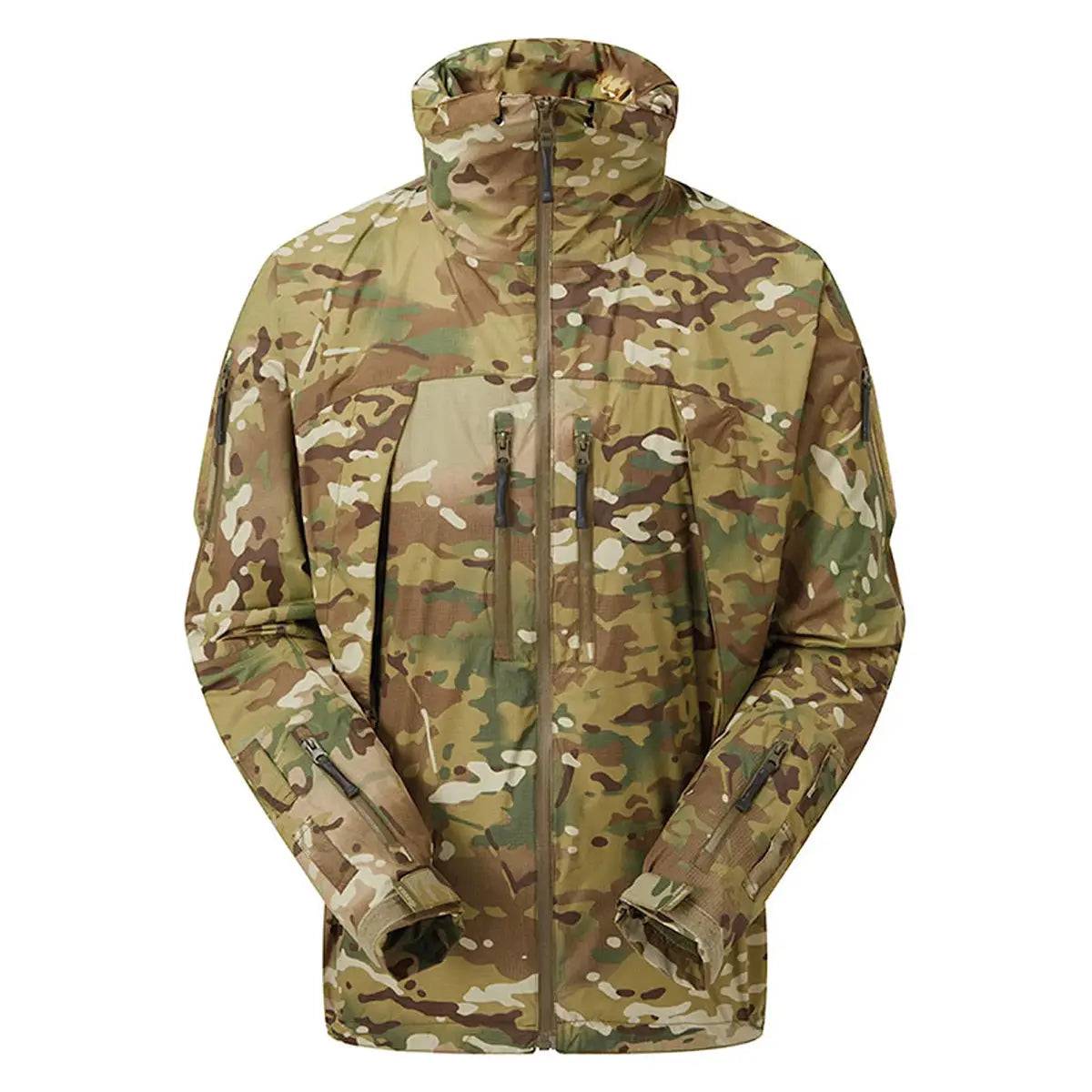 Keela Thor Waterproof Multicam Jacket with tactical design, featuring a foldaway helmet-compatible hood and multiple zippered pockets for utility.
