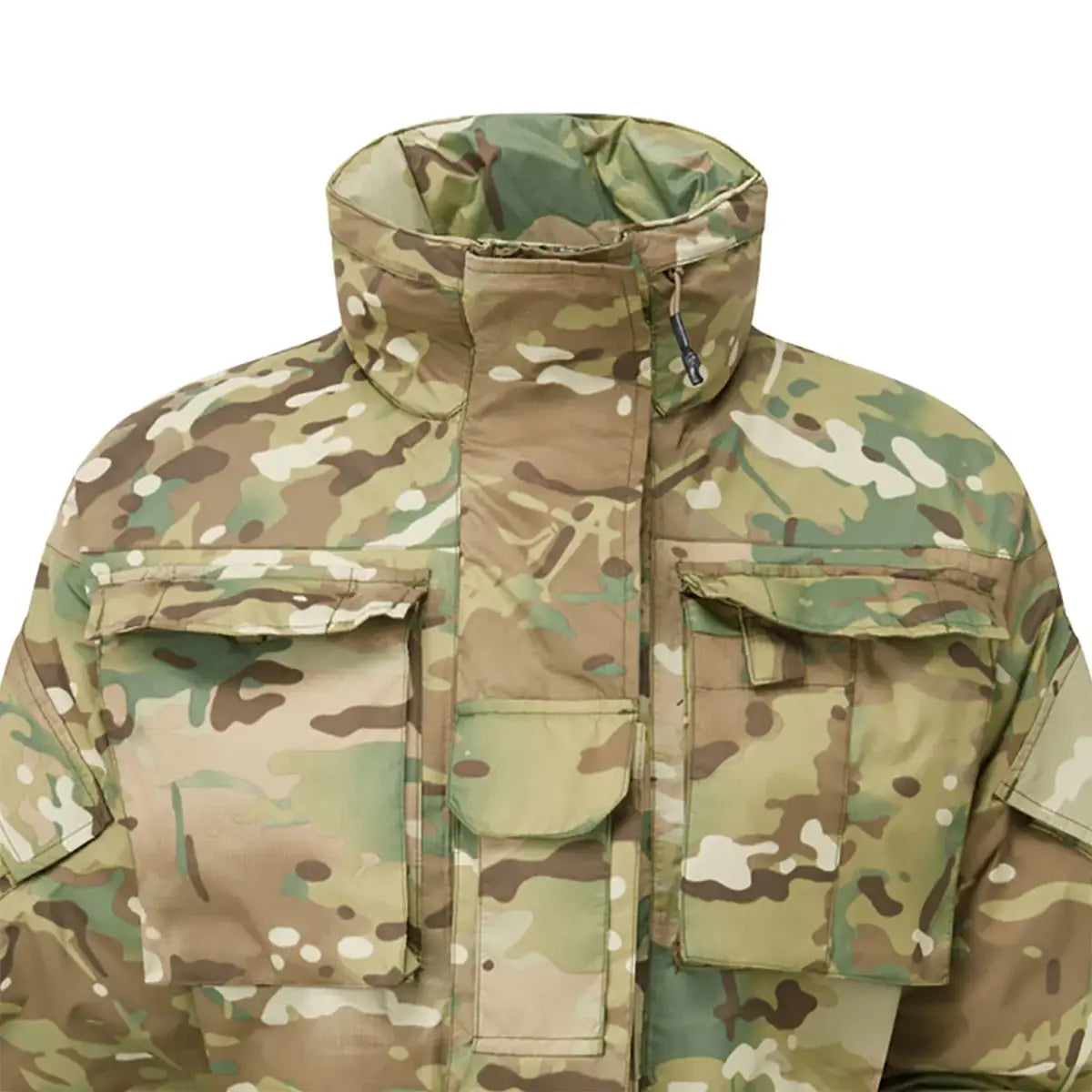 Close-up of Keela Valkyrie MK5.0 Jacket Female Fit MTC collar and upper chest area, showing rugged construction and dual chest pockets for utility.