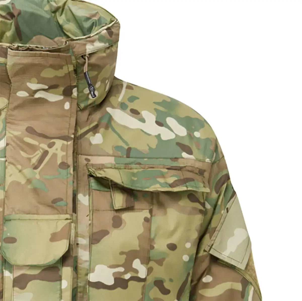 Detailed view of Keela Valkyrie MK5.0 Jacket Female Fit MTC shoulder and chest pocket, highlighting tactical design and Multicam fabric.
