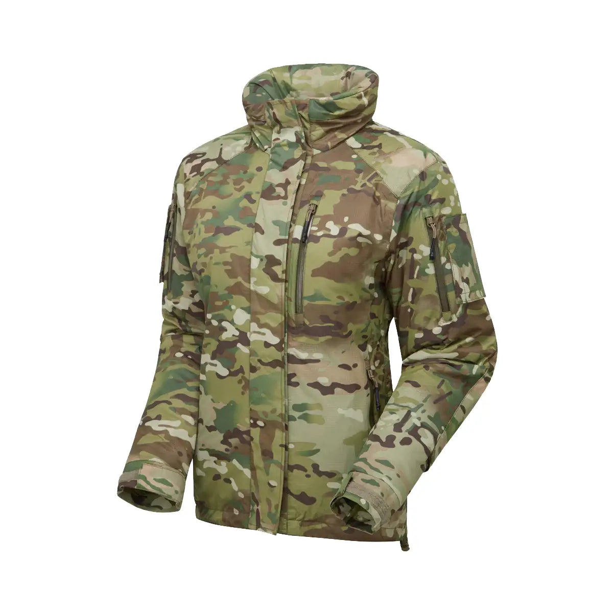 Keela SF Valkyrie Mk5 Belay Jacket Female Fit Multicam angled side view highlighting tailored female fit and reinforced arm pockets.