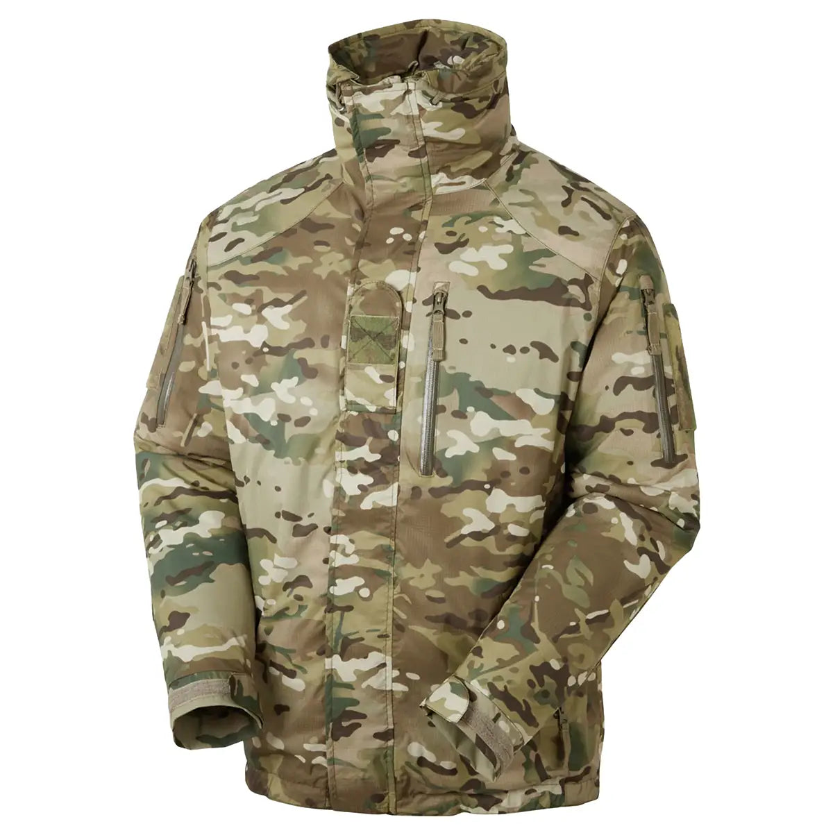 Keela SF Valkyrie Mk5 Belay Jacket Female Fit Multicam side-front view emphasizing high collar and weather-resistant military uniform style.