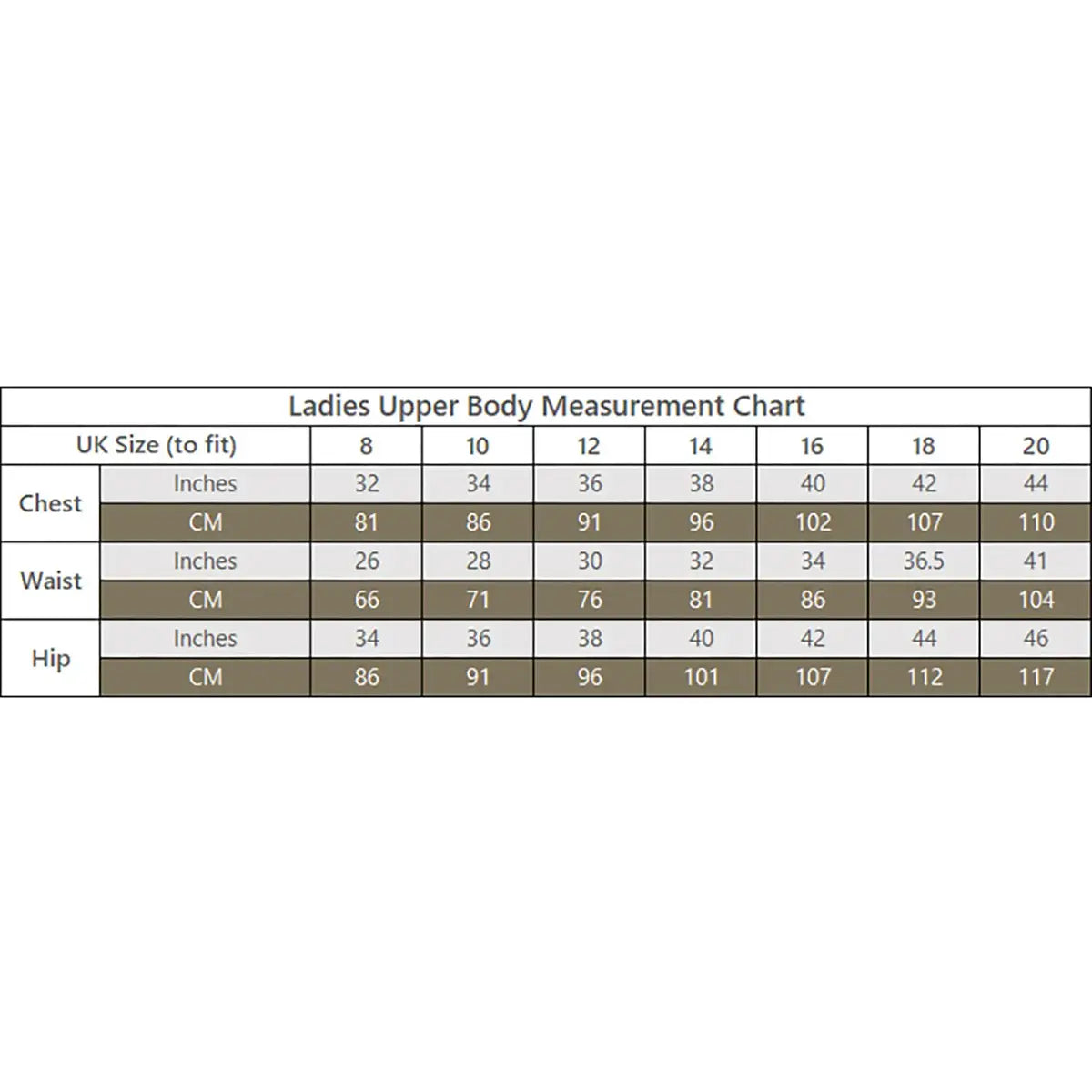 Size chart for Keela Valkyrie MK5.0 Jacket Female Fit MTC, showing UK sizes 8 to 20 with chest, waist, and hip measurements in inches and centimeters.
