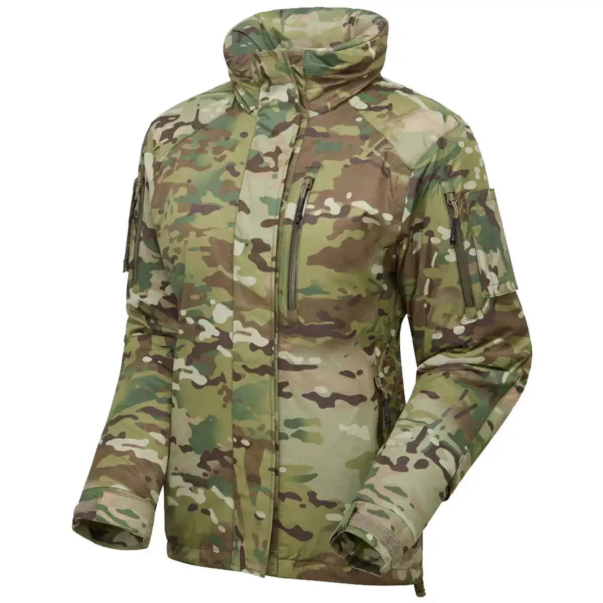 Keela Womens Mk6 Belay Jacket WP Insulated Multicam camouflage jacket with high collar, front zipper, multiple zippered pockets, and camouflage pattern