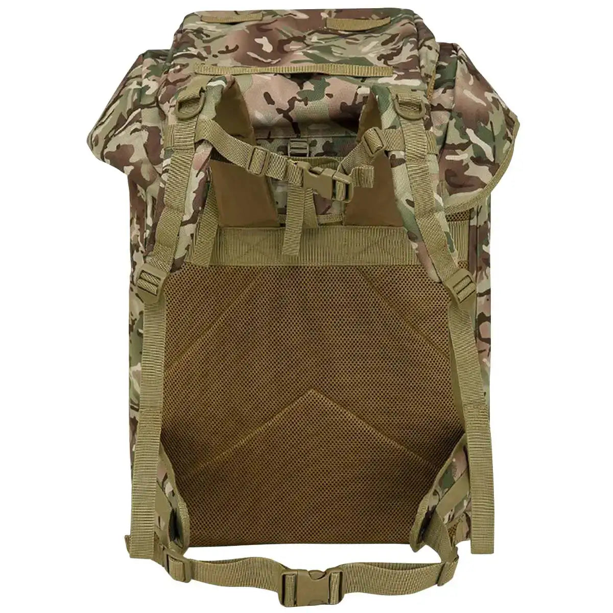 Rear view of Kombat Airborne Bergen 100 Litre BTP backpack showing padded back panel, adjustable shoulder straps, and durable construction for comfort and support. from John Bull Clothing