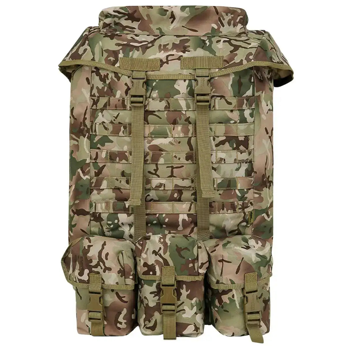 Front view of Kombat Airborne Bergen 100 Litre BTP rucksack with MOLLE webbing and three external pouches, designed for tactical and outdoor gear storage. from John Bull Clothing