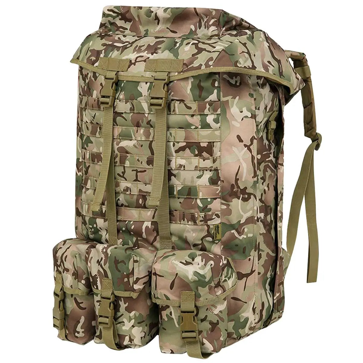 Angled side view of Kombat Airborne Bergen 100 Litre BTP backpack highlighting its spacious design, camouflage pattern, and reinforced tactical build.