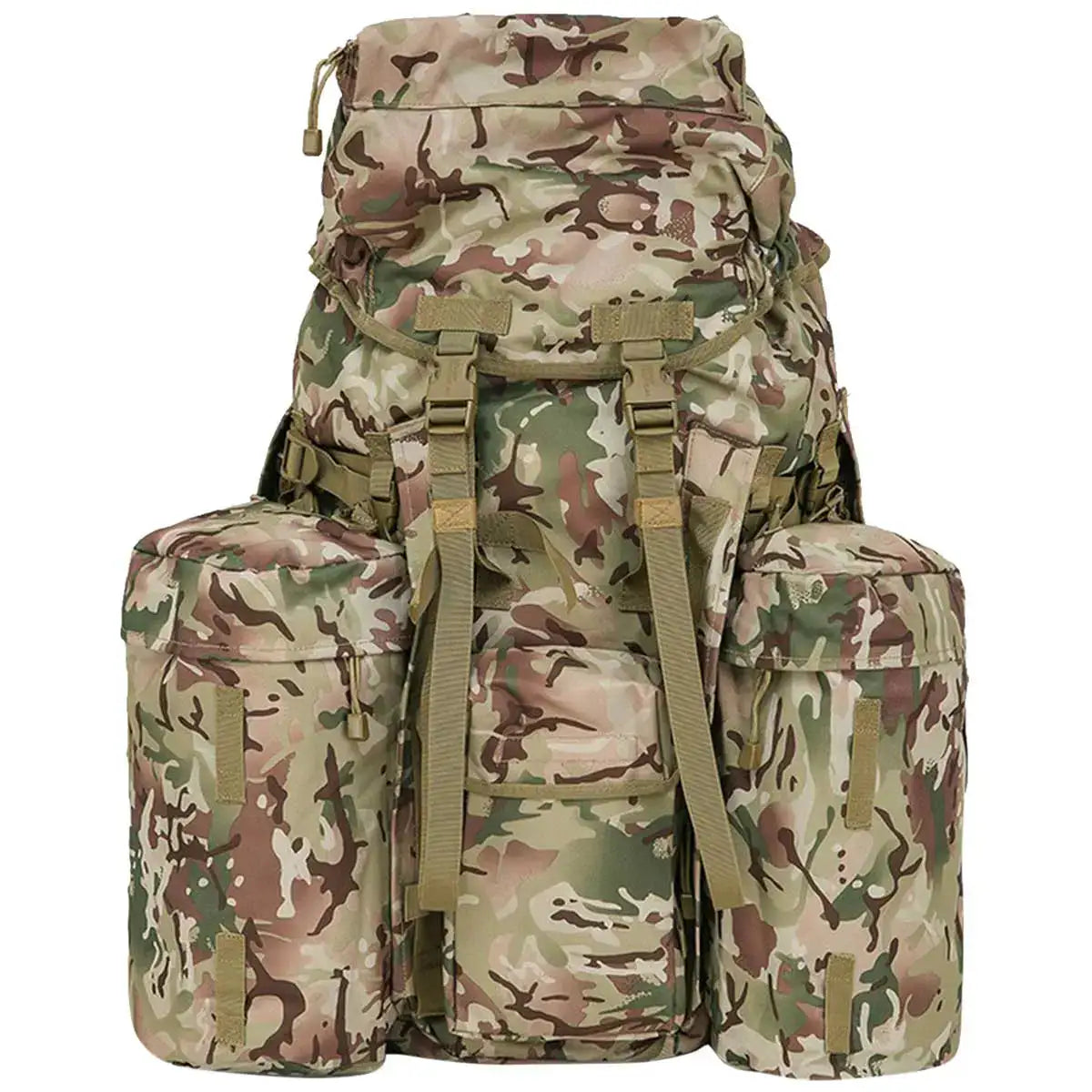 Front view of Kombat Full Size PLCE Bergen 120 Litre BTP backpack in camouflage, designed for rugged outdoor and military applications. from John Bull Clothing
