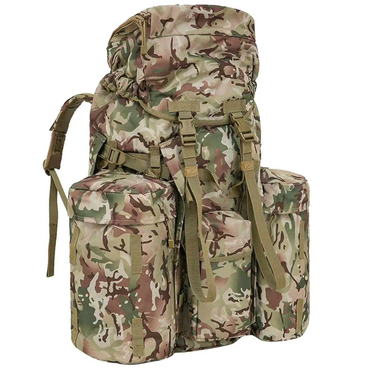 Angled side view of Kombat Full Size PLCE Bergen 120 Litre BTP rucksack showing MOLLE webbing and heavy-duty straps for load support.