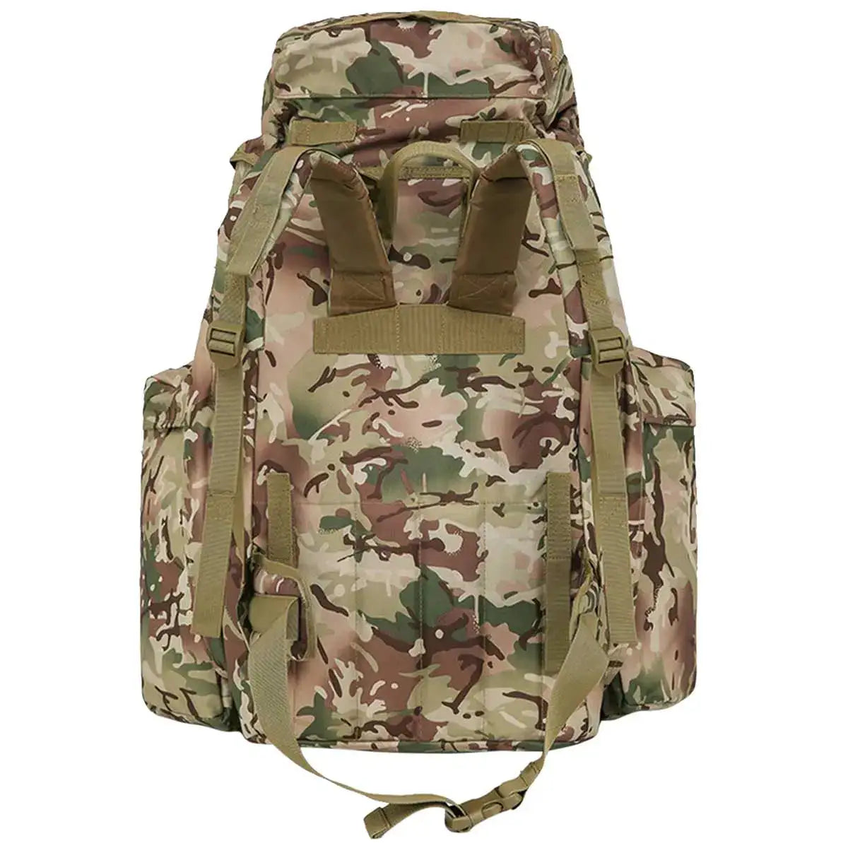 Rear view of Kombat Full Size PLCE Bergen 120 Litre BTP backpack with padded shoulder straps and adjustable waist belt for comfort. from John Bull Clothing