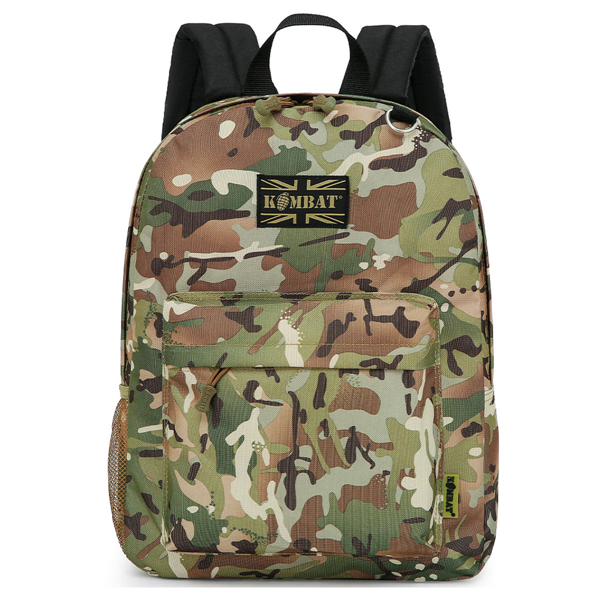Kombat 18L Street Kids Army Rucksack in classic camouflage print with a front pocket and mesh side pocket. Ideal for school, hiking, and outdoor fun.