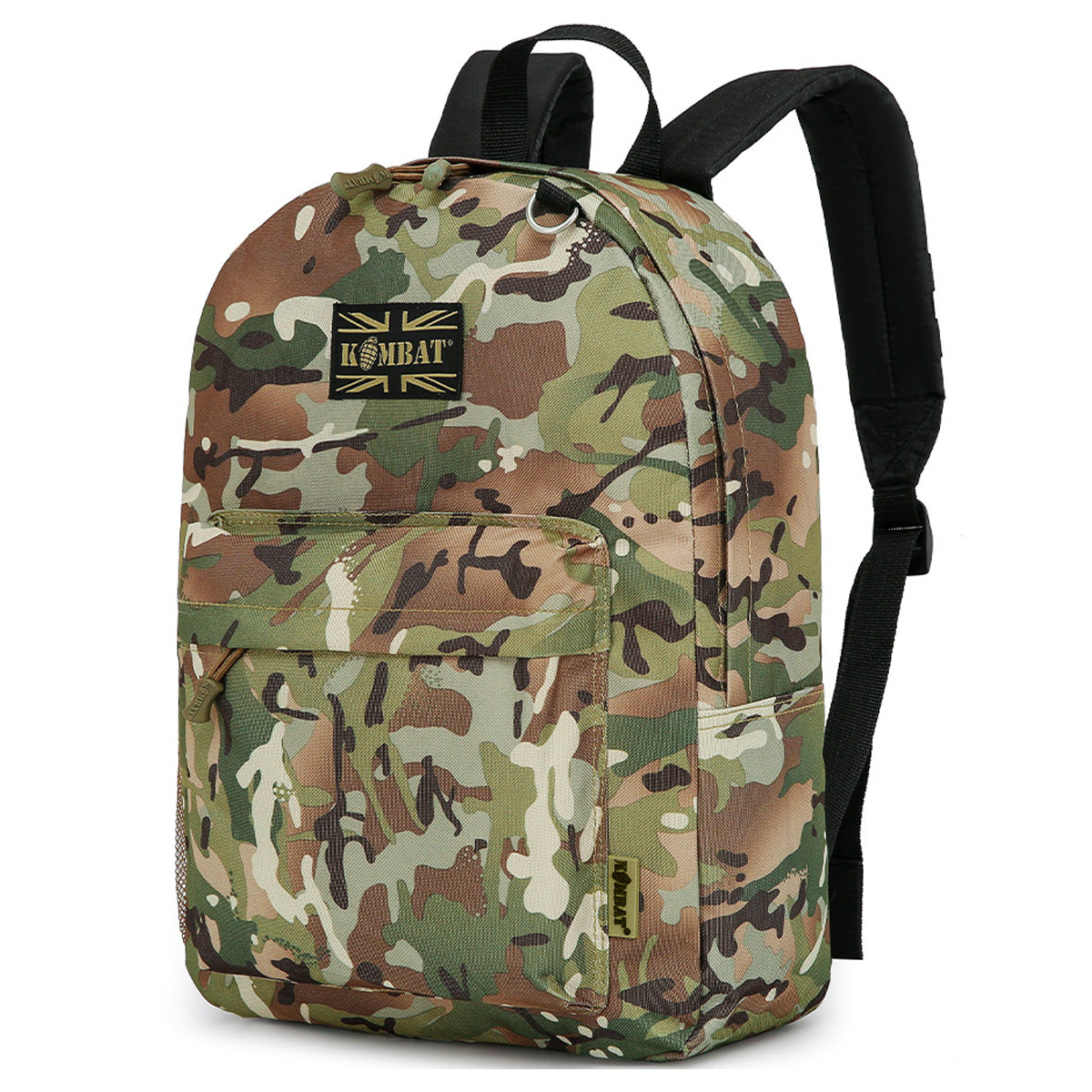 Side view of the Kombat 18L Street Kids Army Rucksack in camouflage, showing padded straps and durable construction. Perfect for everyday adventures.